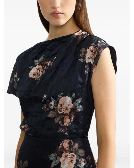 Erdem Blue Floral-Print Draped Blouse