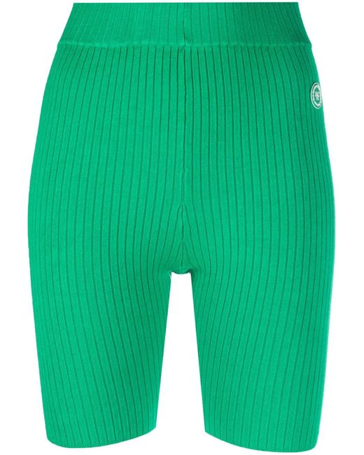 Sporty & Rich Green Logo-Patch Ribbed-Detailing Shorts