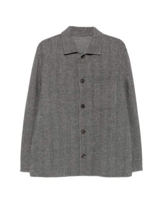 Eleventy Gray Herringbone-Pattern Button-Up Overshirt for men