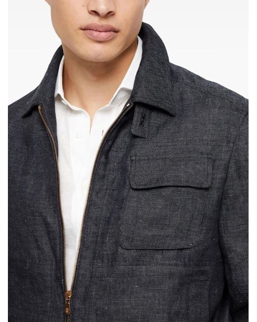 Brunello Cucinelli Black Slub-Texture Linen Shirt Jacket for men
