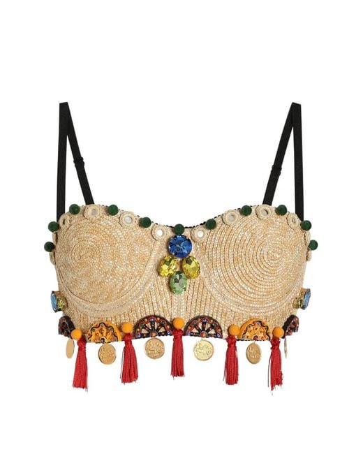 Dolce & Gabbana Natural Raffia Top With Embroidery