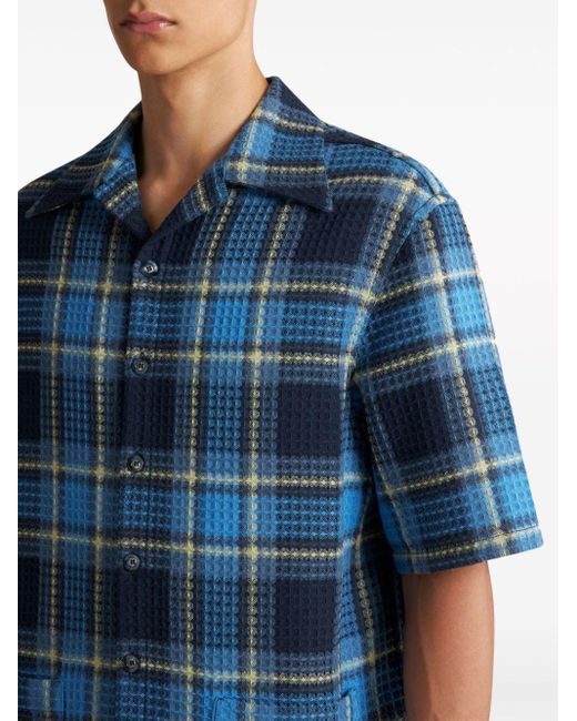 Etro Blue Pegaso-embroidered Checked Shirt for men