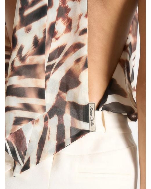 Manière De Voir White Phoebe Animal Blouson Tie-Neck Open Back Top Multi