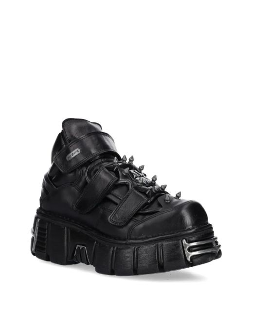 New Rock Black Studded-Strap Sneakers