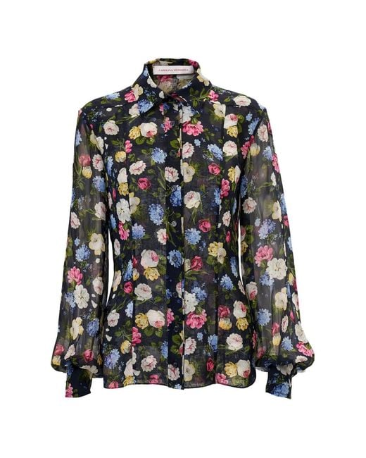 Carolina Herrera Black Isabella Rose-Print Silk Chiffon Button-Down Shirt
