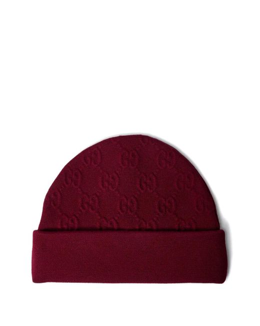 Gucci Red Gg-Pattern Beanie Hat for men