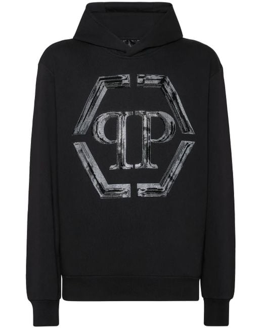 Philipp Plein Black Strass Hexagon Hoodie for men