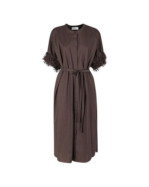 MEIMEIJ Brown Fringe-Detail Belted Midi Dress