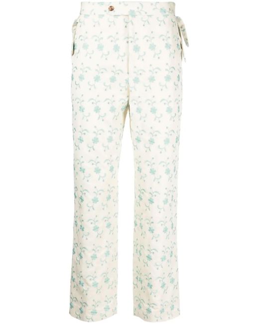 Bode White Floral-Embroidery Straight-Leg Trousers for men