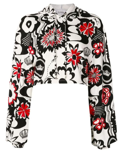 Amir Slama Black Floral-Print Cropped Hoodie