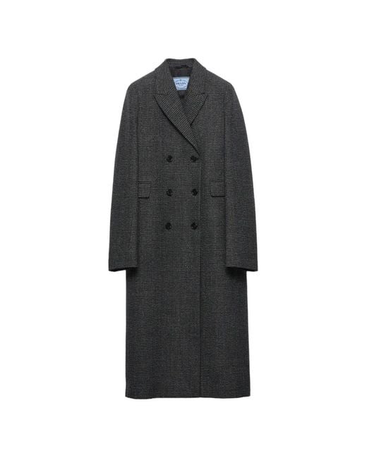 Prada Black Double-Breasted Gingham-Checked Mouliné Wool Coat