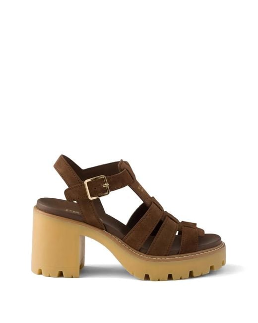 Prada Brown High-Heeled Suede Platform Sandals