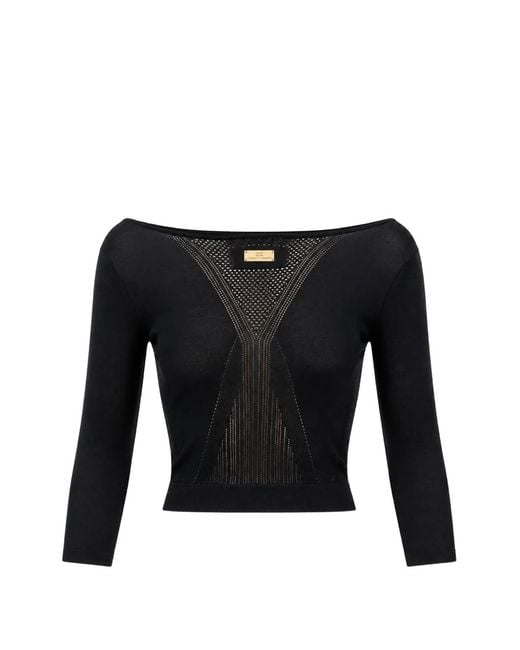 Elisabetta Franchi Black Boat-Neck Cropped Sweater