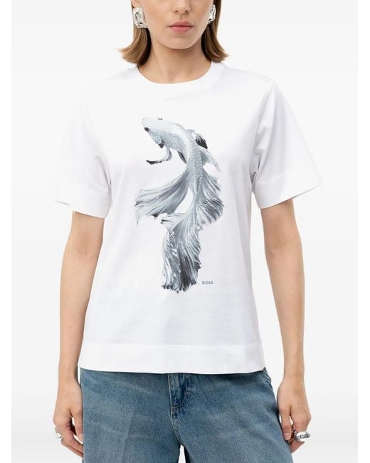 Boss White Fish-Print T-Shirt