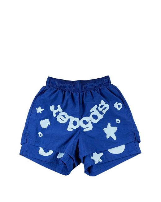 Sp5der Blue Beluga Logo-Print Shorts for men