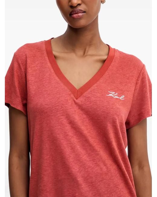 Karl Lagerfeld Red V-Neck Logo-Detail T-Shirt