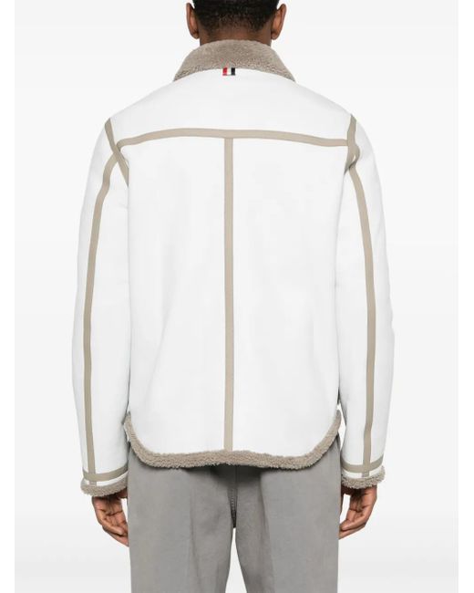 Thom Browne White Shearling-Trim Leather Jacket for men