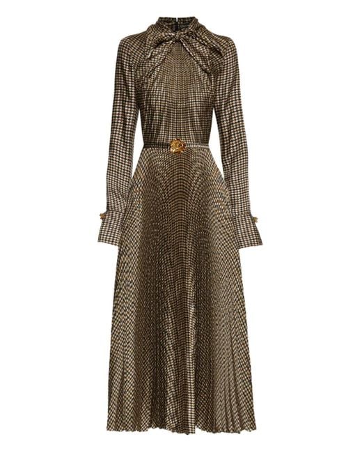 Oscar de la Renta Natural Houndstooth Pleated Midi Dress