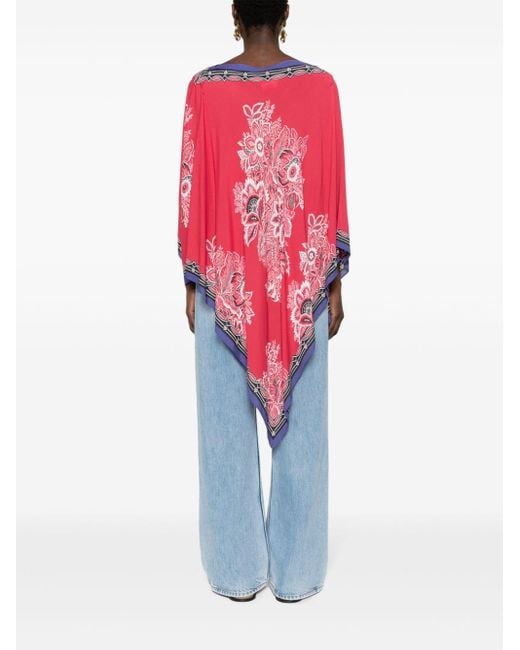 Etro Red Floral-Print Boat-Neck Poncho