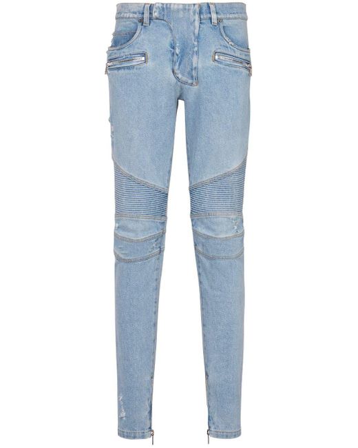 Balmain Halbhohe Biker Skinny-Jeans in Blue für Herren