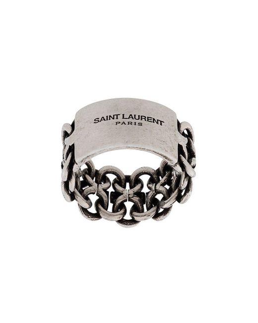 Saint Laurent Metallic Logo-engraved Oxidised Silver-tone Ring for men