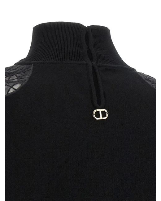 Twinset Black Lace-Insert High-Neck Sweater