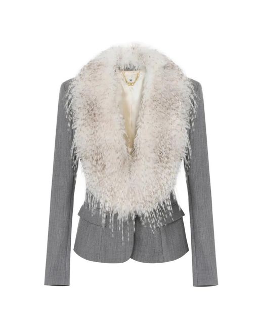 Elisabetta Franchi White Wool Jacket With Fur-Effect Collar
