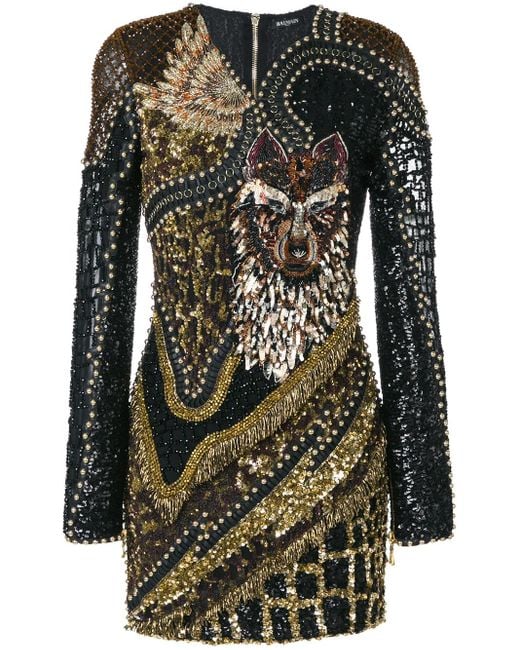 Balmain Black Abito Ricamato 'wolf'