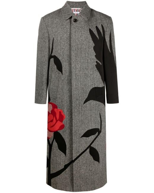 Thom Browne Gray Harris-Tweed Embroidered Long Coat for men