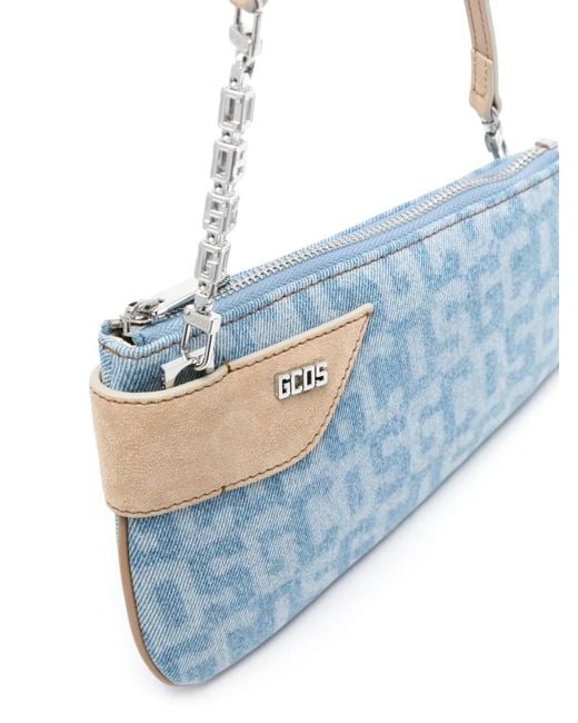 Gcds Blue Denim Shoulder Bag With Logo Writing