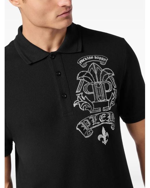 Philipp Plein Black Strass Tattoo Polo Shirt for men