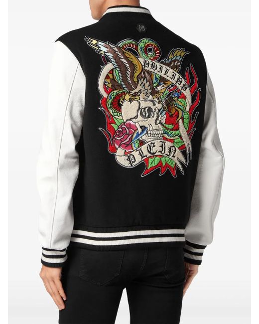 Philipp Plein Black College Bomber With Woolen Cloth Base Tattoo for men