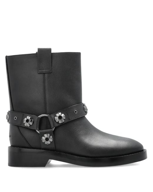 Kate Spade Black Flower-Embellished Biker Boots