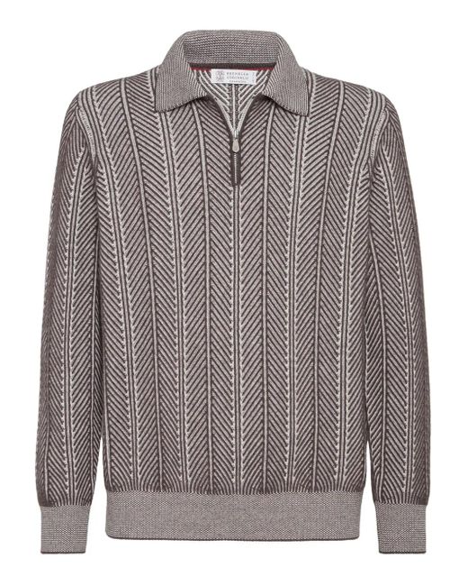 Brunello Cucinelli Gray Herringbone-Pattern Zipped Polo Shirt for men