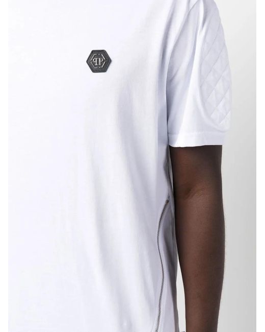 Philipp Plein White Logo-Patch Zipped T-Shirt for men