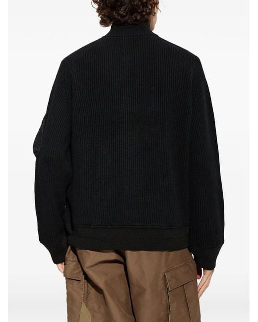 Sacai Black Ribbed-Knit Zip-Up Cardigan for men