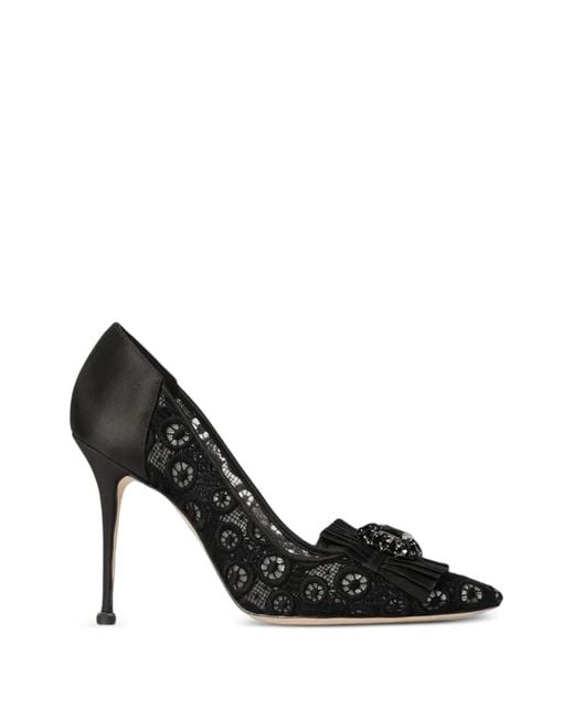 Manolo Blahnik Black Danceny Lace-Embellished Heeled Pumps