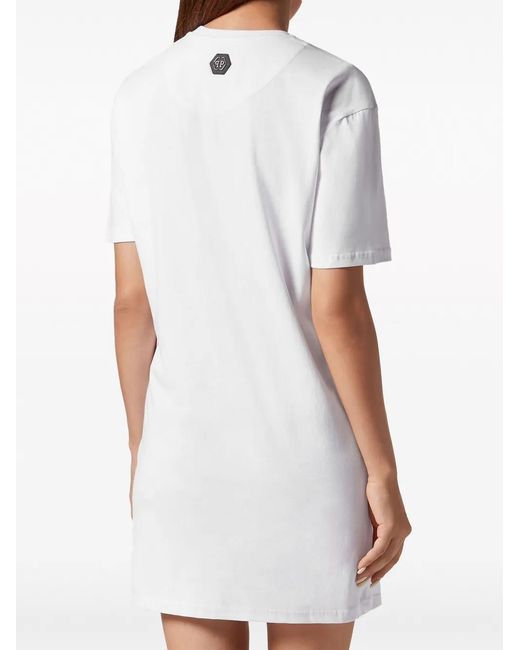 Philipp Plein White Logo-Embellished Embroidered T-Shirt Dress