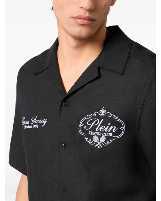Philipp Plein Black Linen Bowling Shirt Tennis Club for men