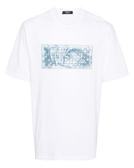 Versace White Logo-embroidered Cotton T-shirt for men