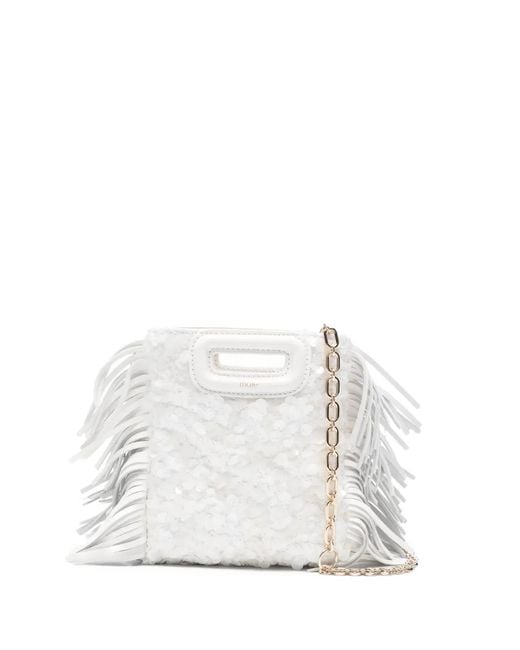Maje White Mini M Fringe Sequin Bag