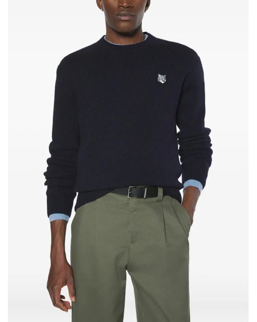 Maison Kitsuné Blue Fox-Head Wool Sweater for men