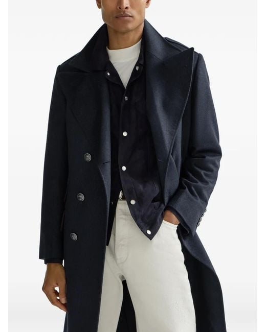 Brunello Cucinelli Blue Manteau Boutonné En Cachemire À Chevrons Et Boutons En Métal for men