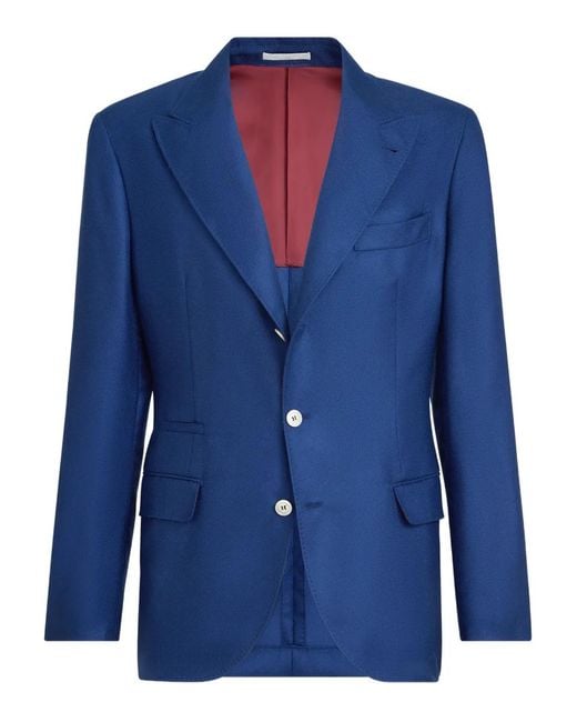 Brunello Cucinelli Blue Cashmere And Silk Diagonal Deconstructed Blazer With Peak Lapels for men