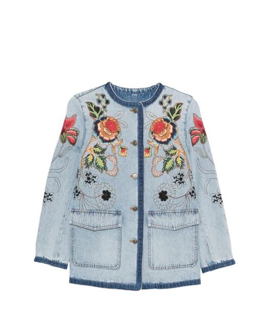 Valentino Garavani Blue Floral-Embroidery Jacket