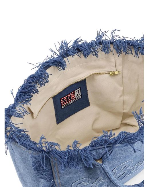 Mc2 Saint Barth Blue Vanity Fringed Logo Denim Tote Bag