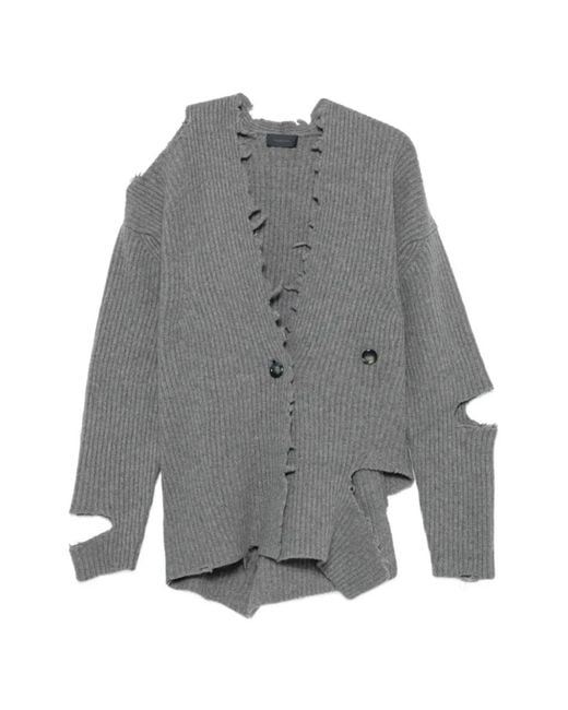 Haikure Gray Distressed Ribbed-Knit Cardigan