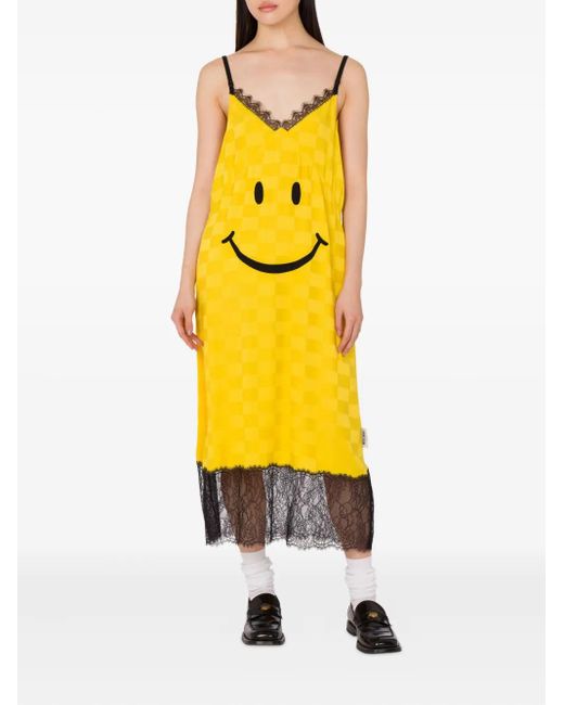 Moschino X Smiley Graphic Lace-Trimmed Midi Dress in Yellow | Lyst