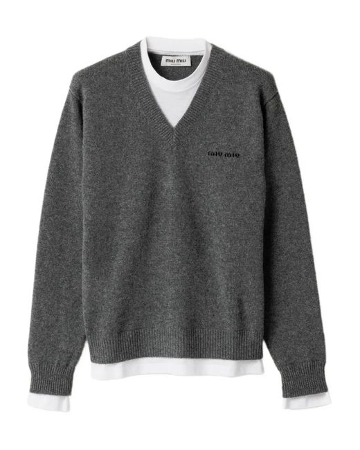 Jersey con logo en intarsia y cuello en V Miu Miu de color Gray