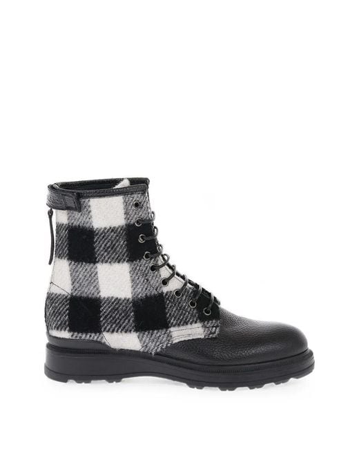 Woolrich Black Check Wool-Panelled Leather Ankle Boots